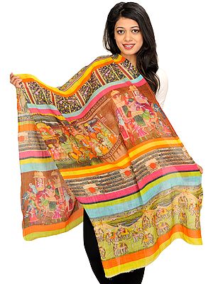 Multicolor Stole from Jaipur with Digital-Printed Procession