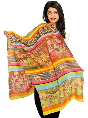 Multicolor Stole from Jaipur with Digital-Printed Procession
