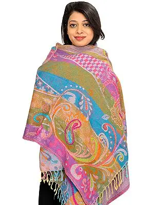 Multicolor Reversible Jamawar Stole with Woven Paisleys and Wool-Embroidery