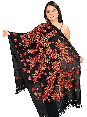 Jet-Black Stole from Kashmir with Aari Hand-Embroidered Maple Leaves