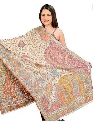 Ivory Kani Jamawar Stole with Woven Paisleys