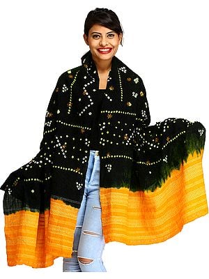 Bandhani Tie-Dye Shawl from Kutch with Embroidered Mirrors