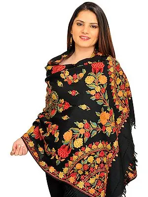 Stole from Kashmir with Floral Aari-Embroidery by Hand