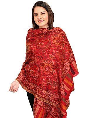 Garnet-Red Kani Stole with Woven Flowers All-Over