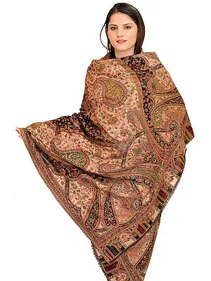 Caviar-Black Kani Shawl with Woven Paisleys in Multicolor Thread