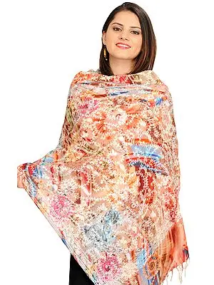 Multicolor Digital-Printed Stole with Aari-Embroidery All-Over