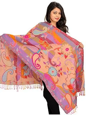 Multicolor Reversible Jamawar Stole with Woven Paisleys and Wool-Embroidery