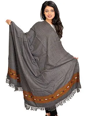 Smoked-Pearl Plain Shawl from Kullu with Kinnauri Woven Border