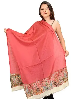 Rapture-Rose Self-Weave Jamawar Stole with Woven Paisleys on Border