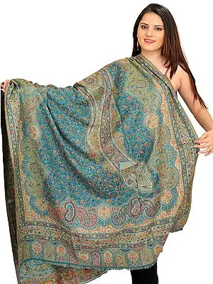 Enamel-Blue Jamawar Shawl with Kani Weave and Paisleys