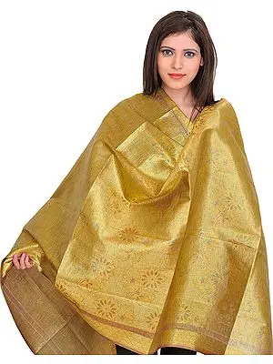 Golden Brocaded Shimmer Shawl from Tamil Nadu with Woven Flowers