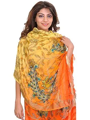 Yellow and Orange Digital-Printed Dupatta from Banaras with Peacocks