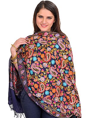 Patriot-Blue Floral Aari-Embroidered Stole from Amritsar with Paisleys
