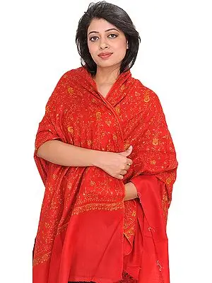 Tomato-Red Sozni Hand-Embroidered Tusha Shawl from Kashmir