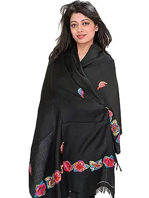 Phantom-Black Stole from Kashmir with Aari-Hand Embroidered Flowers on Border