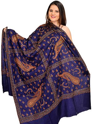 Deep-Cobalt Tusha Shawl from Kashmir with Sozni-Embroidery by Hand