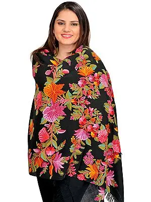 Jet-Black Stole from Kashmir with Aari Hand-Embroidered Flowers