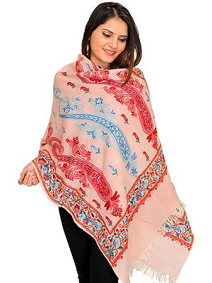 Lotus-Pink Stole from Kashmir with Aari Hand-Embroidered Paisleys