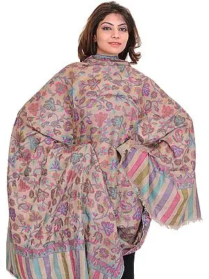 Simply-Taupe Pure Pashmina Kani Shawl with Woven Leaves and Paisleys