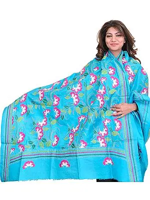 Blue-Atoll Dupatta from Kolkata with Kantha Hand-Embroidered Flowers