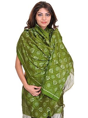 Cedar-Green Sambalpuri Stole from Odisha with Ikat Weave