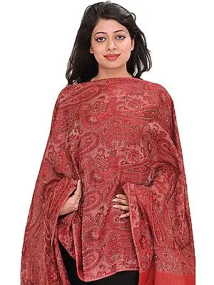 Mineral-Red Kani Reversible Stole with Woven Paisleys and Solid Border