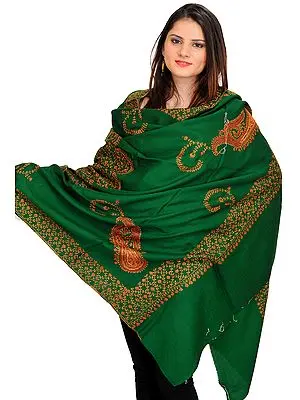 Foliage-Green Sozni Hand-Embroidered Tusha Shawl from Kashmir