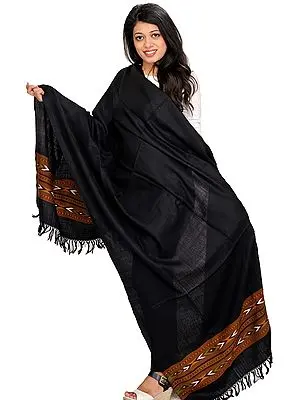 Caviar-Black Plain Shawl from Kullu with Kinnauri Woven Border