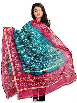 Green and Red Bandhani Tie-Dye Gharchola Dupatta from Gujarat with Zari Weave