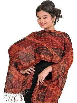 Maroon and Black Reversible Jamawar Scarf with Woven Bootis