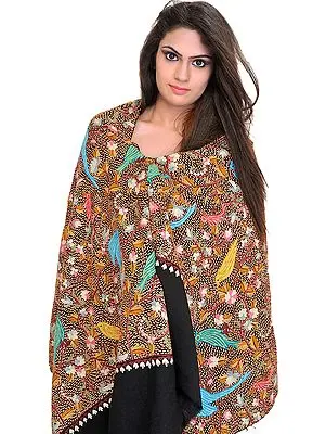Jet-Black Stole from Kashmir with Birds Embroidered by Hand