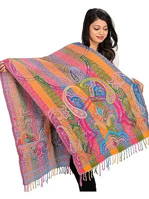 Multicolor Jamawar Stole from Amritsar with Woven Paisleys and Wool-Embroidery