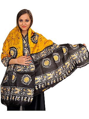 Yellow and Black Batik Dyed Shawl with Printed Chakras
