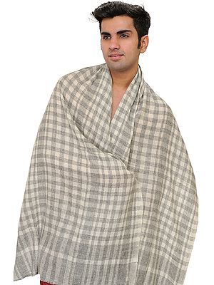 Off-White and Gray Men's Cashmere Scarf from Nepal with Woven Checks
