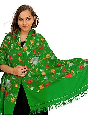 Mint-Green Stole from Kashmir with Aari Hand-Embroidered Flowers All-Over