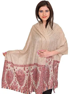 SandShell Cashmere Stole with Self-Weave and Woven Peacock Feathers on Border