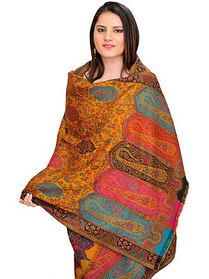 Amber-Gold Jamawar Stole from Amritsar with Kani Weave and Paisleys