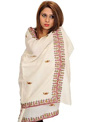 Ivory Tusha Stole from Kashmir with Sozni Hand-Embroidery on Border and Paisleys Bootis
