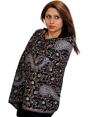Phantom-Black Sozni Hand-Embroidered Tusha Stole from Kashmir with Paisleys