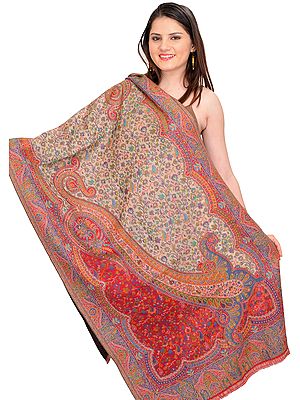 Gray-Morn and Red Kani Jamawar Stole from Amritsar with Woven Paisleys