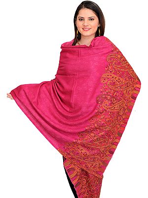 Fuchsia-Rose Self Weave Jamawar Shawl from Amritsar with Woven Paisleys on Border