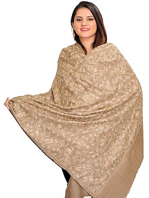 Light-Taupe Shawl from Amritsar with Densely Embroidered Paisleys