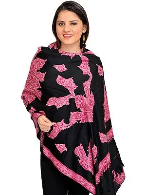 Black and Pink Stole from Kashmir with Aari Hand-Embroidered Paisleys