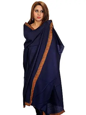 Eclipse-Blue Plain Tusha Shawl from Kashmir with Sozni Hand-Embroidery on Border