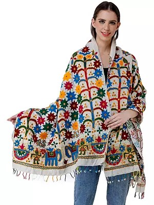 Shawl from Kutch with Multi-Thread Embroidered Flowers and Mirrors