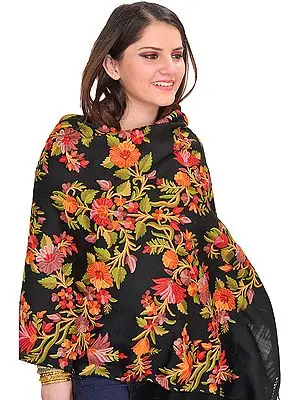 Jet-Black Stole from Kashmir with Floral Aari-Embroidery by Hand
