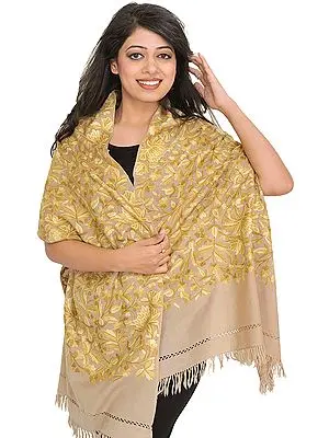 Feather-Gray Stole from Kashmir with Aari Hand-Embroidery All-Over
