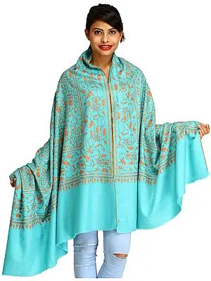 Aqua-Sky Pure Pashmina Shawl from Kashmir with Sozni Hand-Embroidered Paisleys