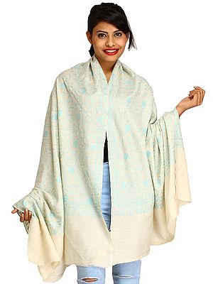 Ivory Pashmina Tusha Shawl from Kashmir with Sozni Hand-Embroidery All-Over