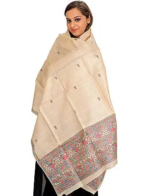 Alabaster-Gleam Madhubani Hand-Painted Dupatta from Bihar with Bootis